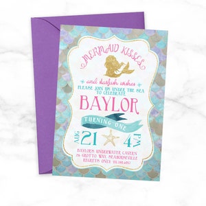 Mermaid Birthday Invitation - Mermaid Kisses Under the Sea Birthday Party Invitation