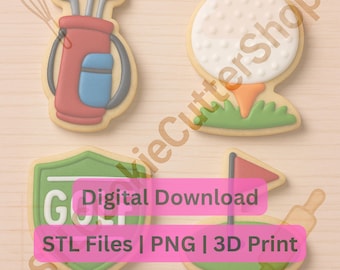 Golfkoekjesuitsteker STL-set – 3D-afdrukbare golfclub, tee, vlag en golfbadge uitstekers (3,5–5 inch) – directe digitale download