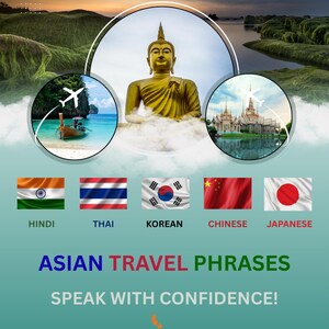 Op de afbeelding: Afbeelding die Aziatische reisfrasen promoot, met een gouden Boeddha-standbeeld, schilderachtige uitzichten en de vlaggen van India, Thailand, Korea, China en Japan. Tekst luidt "Aziatische reisfrasen" en "Spreek met vertrouwen!"