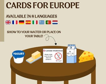 Lactose Intolerance Cards – European Languages | Printable Travel Cards | Instant Download