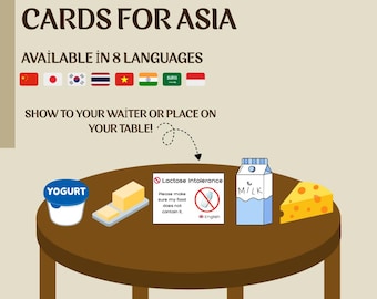 Lactose Intolerance Cards – Asian Languages | Printable Travel Cards | Instant Download