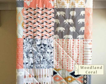 Woodland Baby Quilt Girl, Coral Grey Baby Quilt Handmade, Deer Quilt, Baby Girl Blanket, Crib Bedding, Girl Crib Bedding, Woodland Coral