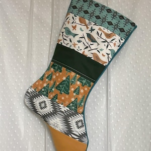 Bird Christmas Stocking, Quilted Rustic Stockings, Mustard Yellow, Teal, Black, Country Farmhouse, Patchwork, Kids