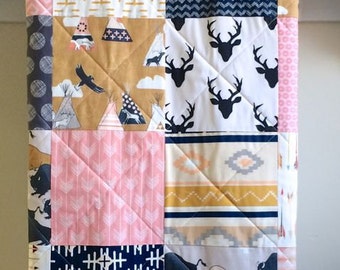 Woodland Quilt Baby Girl Handmade, Tribal Baby Quilt, Girl Baby Blanket, Navy and Pink Tepee Quilt Girl, Nursery Bedding - TeePee Pink