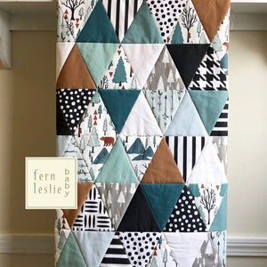 Bear Mountain Triangles Baby Quilt Handmade, Woodland Baby Nursery Bedding Teal Copper, Boy Baby Blanket, Bear & Cub Baby Bedding