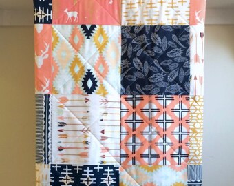 Southwestern Quilt Baby Girl Handmade, Aztec Crib Bedding, Baby Blanket, Kilim Quilt Mint Coral Navy, Minky back Quilt, Arizona Arrows