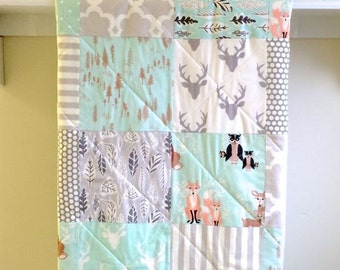 Modern Baby Quilt Rustic Mint Crib Bedding, Pastel Quilt, Woodland Bear Fox Deer Blanket, Handmade Quilt, Mint Crib Bedding- Oh Hello Mint