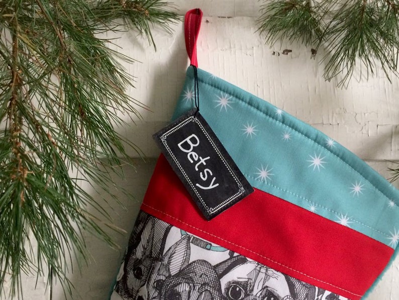 Personalized Dogs in Red Turquoise White Country Black Dog Christmas Dog Christmas Stocking Quilted Pet Stocking Rustic Farmhouse