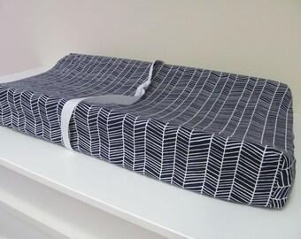 Navy Custom Changing Pad Cover Contoured, Herringbone Lake, Navy and White