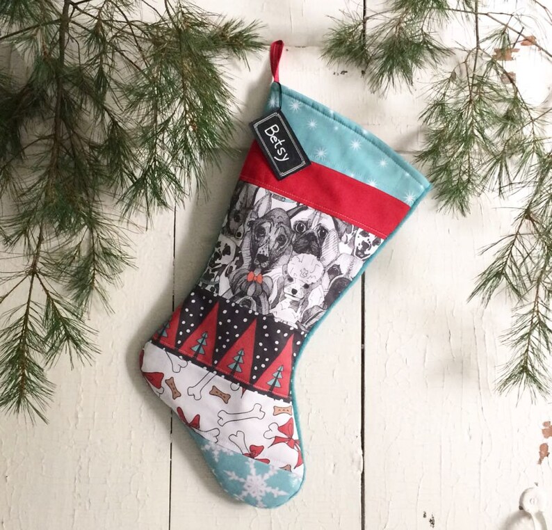 Personalized Dogs in Red Turquoise White Country Black Dog Christmas Dog Christmas Stocking Quilted Pet Stocking Rustic Farmhouse