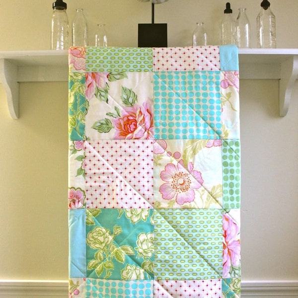 Baby Quilt Girl -  Pastel Roses  - Flannel or Minky Back - Crib Quilt in Pink, Green, Aqua, and Ivory