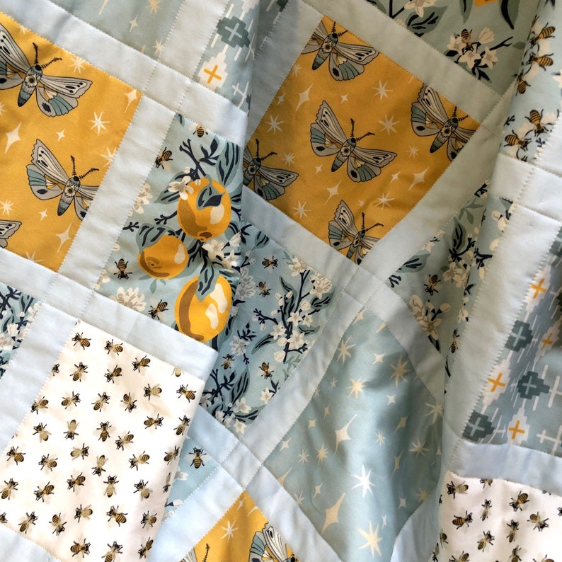 Bees & Lemons Baby Quilt Handmade Organic Cotton Sash Quilt Etsy