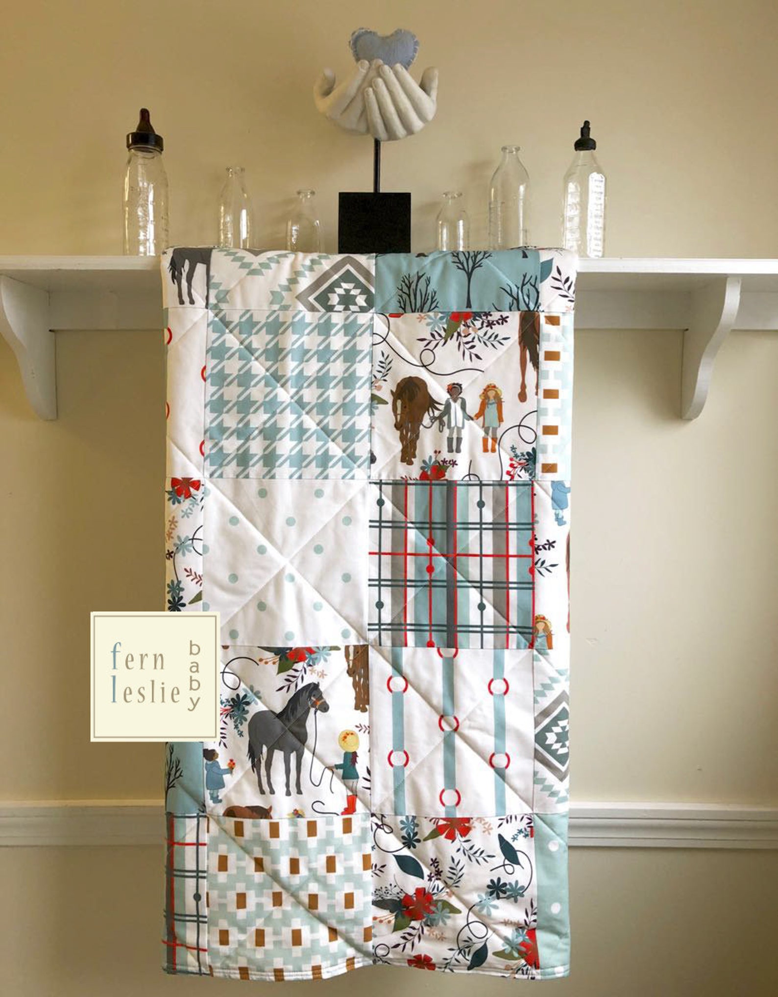 Horse Baby Quilt Handmade Girls With Horses Blue Red Etsy