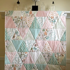 Autumn Pastel Triangles Baby Quilt Handmade, Woodland Baby Girl Nursery Bedding, Pink Ivory Mint Aqua Baby Blanket, Bear Fox Baby Bedding image 2