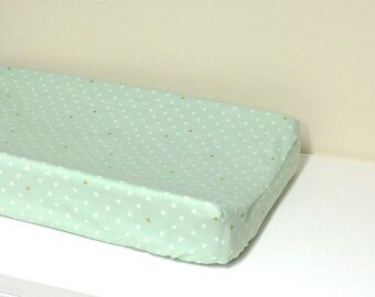 Baby Changing Pad Cover - Triangle Tokens - Arizona - Contoured - Mint, White, Gold - Baby Changer, Diaper Changing Pad Cover