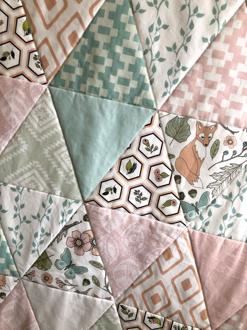 Autumn Pastel Triangles Baby Quilt Handmade, Woodland Baby Girl Nursery Bedding, Pink Ivory Mint Aqua Baby Blanket, Bear Fox Baby Bedding image 4