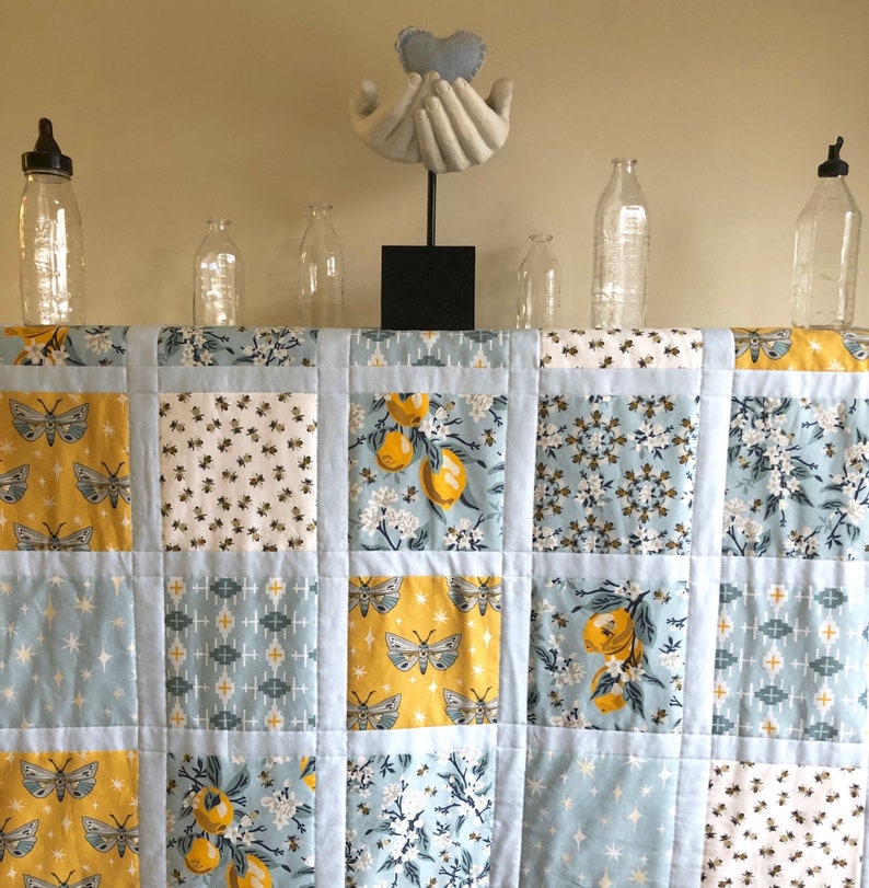Bees & Lemons Baby Quilt Handmade Organic Cotton Sash Quilt Etsy