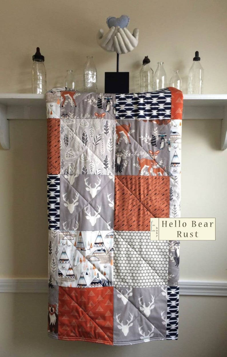 Hello Bear Quilt Hello Bear Rust Rust Orange Gray Baby Blanket Boy Nursery Bedding Woodland Quilt Modern Rustic Fox Crib Quilt Blankets Throws Home Living Gkjwonosari Com