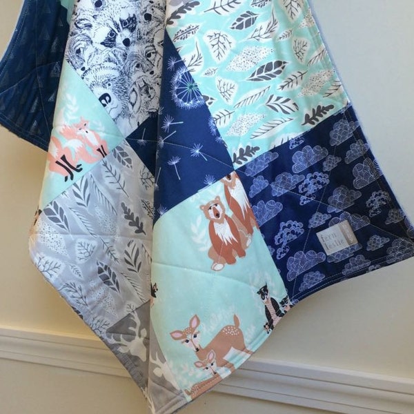 Cradle Quilt, Woodland, Car Seat Quilt, Baby Shower Gift, Grey, Mint, Navy, Baby Blanket, Minky Blanket, bear, deer, dandelion puff, teepee