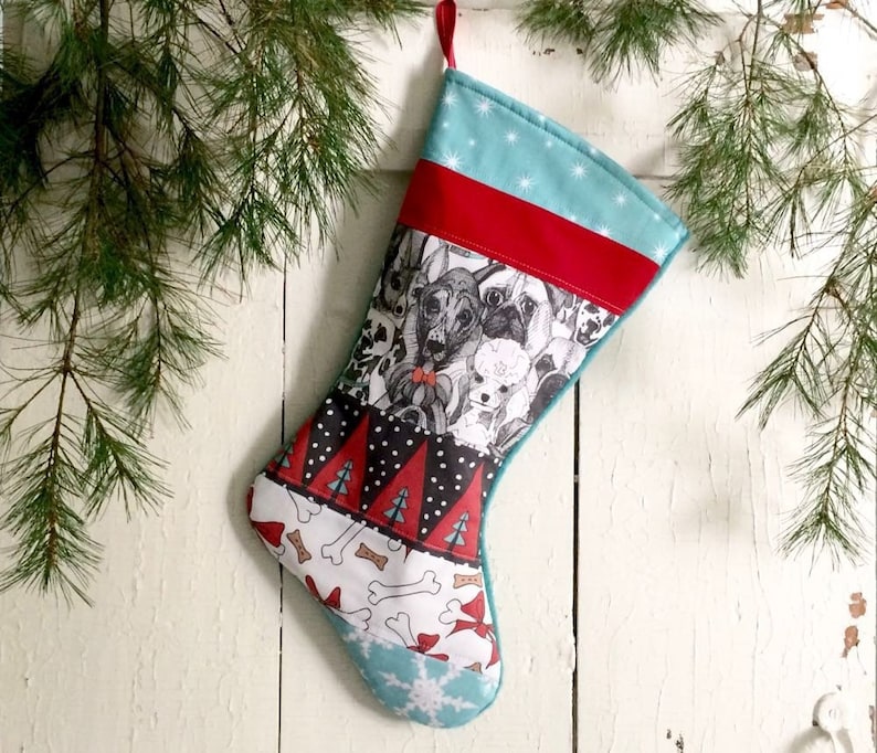 Personalized Dogs in Red Turquoise White Country Black Dog Christmas Dog Christmas Stocking Quilted Pet Stocking Rustic Farmhouse