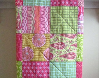 Girl Baby Quilt, Pink Modern Crib Bedding, Minky Back, Yellow, Aqua, Lime Green, Girl Nursery Bedding, Hot Pink, Boho Baby - Bright Pink