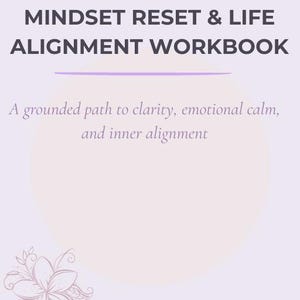 Op de afbeelding: Een lichtpaars werkboek met de titel "MINDSET RESET & LIFE ALIGNMENT WORKBOOK". De cover bevat de tekst "A grounded path to clarity, emotional calm, and inner alignment". Een bloemmotief staat in de linker benedenhoek. De naam van de auteur, Liora Wynn, staat onderaan.