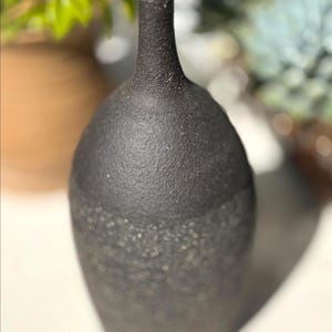 Puede incluir: Una botella de cerámica negra texturizada con un cuerpo redondeado y un cuello estrecho. La botella tiene un acabado mate y un patrón moteado alrededor del centro. El fondo está borroso, con toques de follaje verde.