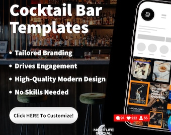 Publications Instagram bar à cocktails, modèles toile modifiables, lot de marketing sur les réseaux sociaux bière vin, image de marque vie nocturne moderne téléchargement numérique