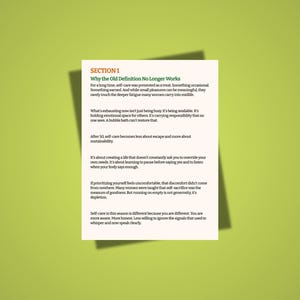 May include: A white sheet of paper with the title "Why the Old Definition No Longer Works" and body text, set against a green background. The text discusses self-care, fatigue, and sustainability. The paper is slightly angled, creating a shadow.