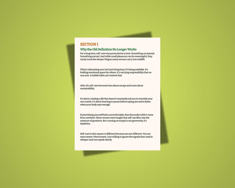 May include: A white sheet of paper with the title "Why the Old Definition No Longer Works" and body text, set against a green background. The text discusses self-care, fatigue, and sustainability. The paper is slightly angled, creating a shadow.