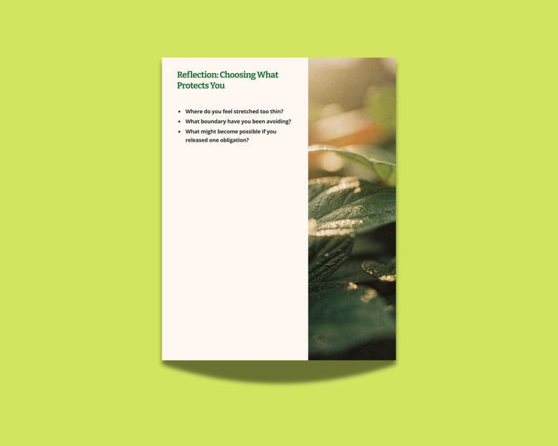 May include: A white page with the text "Reflection: Choosing What Protects You" and bullet points. The page is set against a green background with a blurred image of green leaves on the right side.
