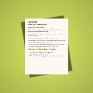 May include: A white sheet of paper with text on a green background. The text reads "SECTION 5 When Self-Care Feels Hard" and includes bullet points about self-care. The paper is slightly angled, casting a shadow.