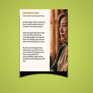 May include: A digital image with text discussing self-care, titled "INTRODUCTION What Self-Care Means Now." The text is on a white background, with a woman's face visible. The image is set against a green background.