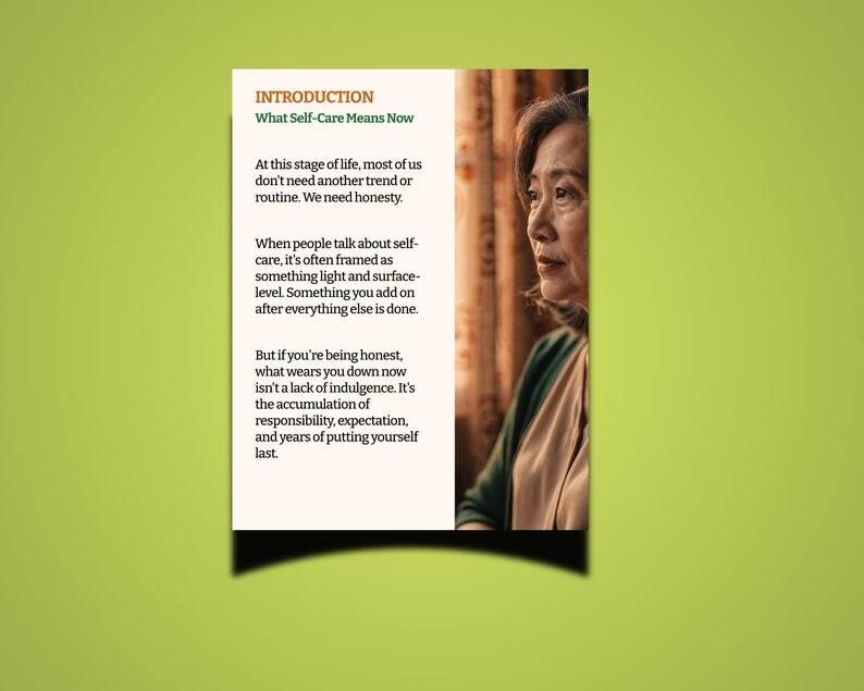 May include: A digital image with text discussing self-care, titled "INTRODUCTION What Self-Care Means Now." The text is on a white background, with a woman's face visible. The image is set against a green background.