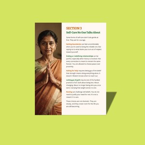 May include: An image shows a woman in a traditional orange and green sari, hands in prayer, next to text. The text is titled "Self-Care No One Talks About" and discusses setting boundaries, ending relationships, and letting go of guilt.