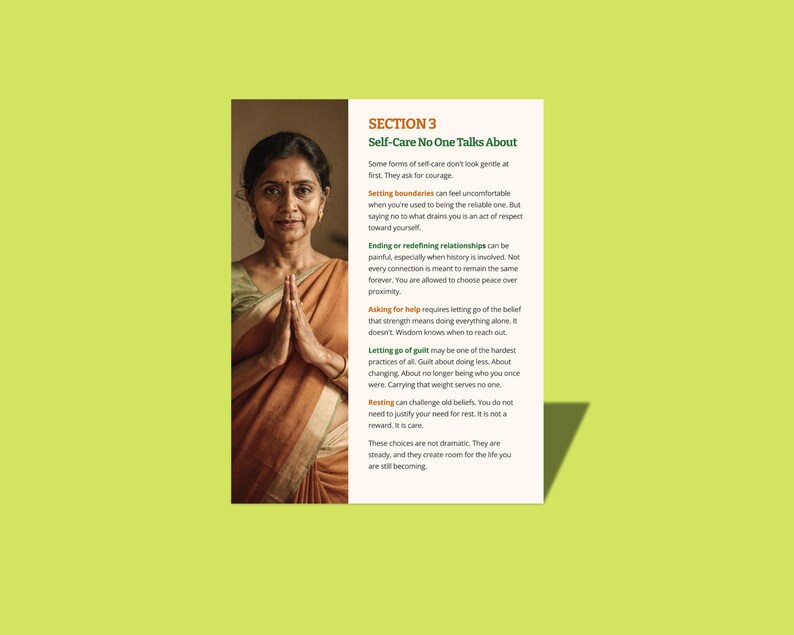 May include: An image shows a woman in a traditional orange and green sari, hands in prayer, next to text. The text is titled "Self-Care No One Talks About" and discusses setting boundaries, ending relationships, and letting go of guilt.