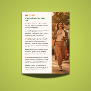 May include: A brochure titled "What Real Self-Care Looks Like" with text detailing self-care practices. The image includes a photo of a woman walking outside, holding a book. The background is a green gradient.
