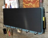 Chunky Chalkboard Mail Organizer with Key Rack Storage and Chalkboard Message Center in Washed Denim