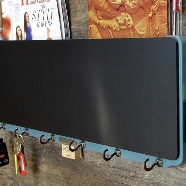 Chunky Chalkboard Mail Organizer with Key Rack Storage and Chalkboard Message Center in Washed Denim