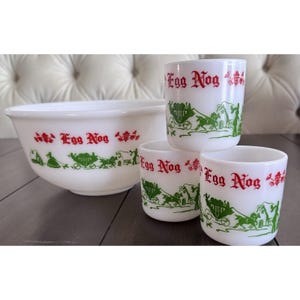 Vtg Egg Nog Punch Bowel Hazel Atlas Milk Glass CHRISTMAS SCENE Holiday Server