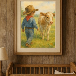 Cowboy Nursery Wall Art Print • Farm Nursery Decor • Toddler Cowboy with Cow Painting • Rustic Kids Room Art • Country