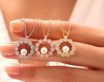 Sterling Silver Zircon Circle Necklace, Freshwater Pearl Pendant