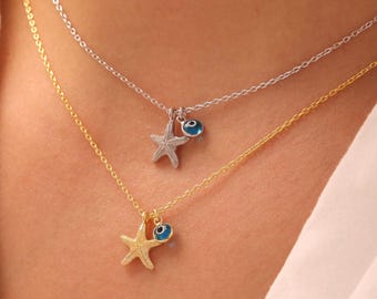 Sterling Silver Starfish Evil Eye Necklace, Nautical Pendant