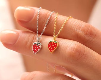 Sterling Silver Strawberry Charm Necklace, Minimalist Fruit Jewelry