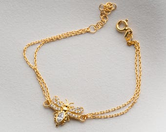 Baguette Bee Bracelet Sterling Silver Minimal Animal Charm Dainty Symbolic Elegant Gift Jewelry