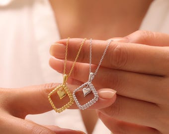 Sterling Silver Framed Heart Necklace, Elegant Love Pendant