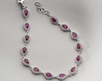 Ruby Teardrop Bracelet • July Birthstone Jewelry • Red Gemstone Charm •  Elegant Gift for Women