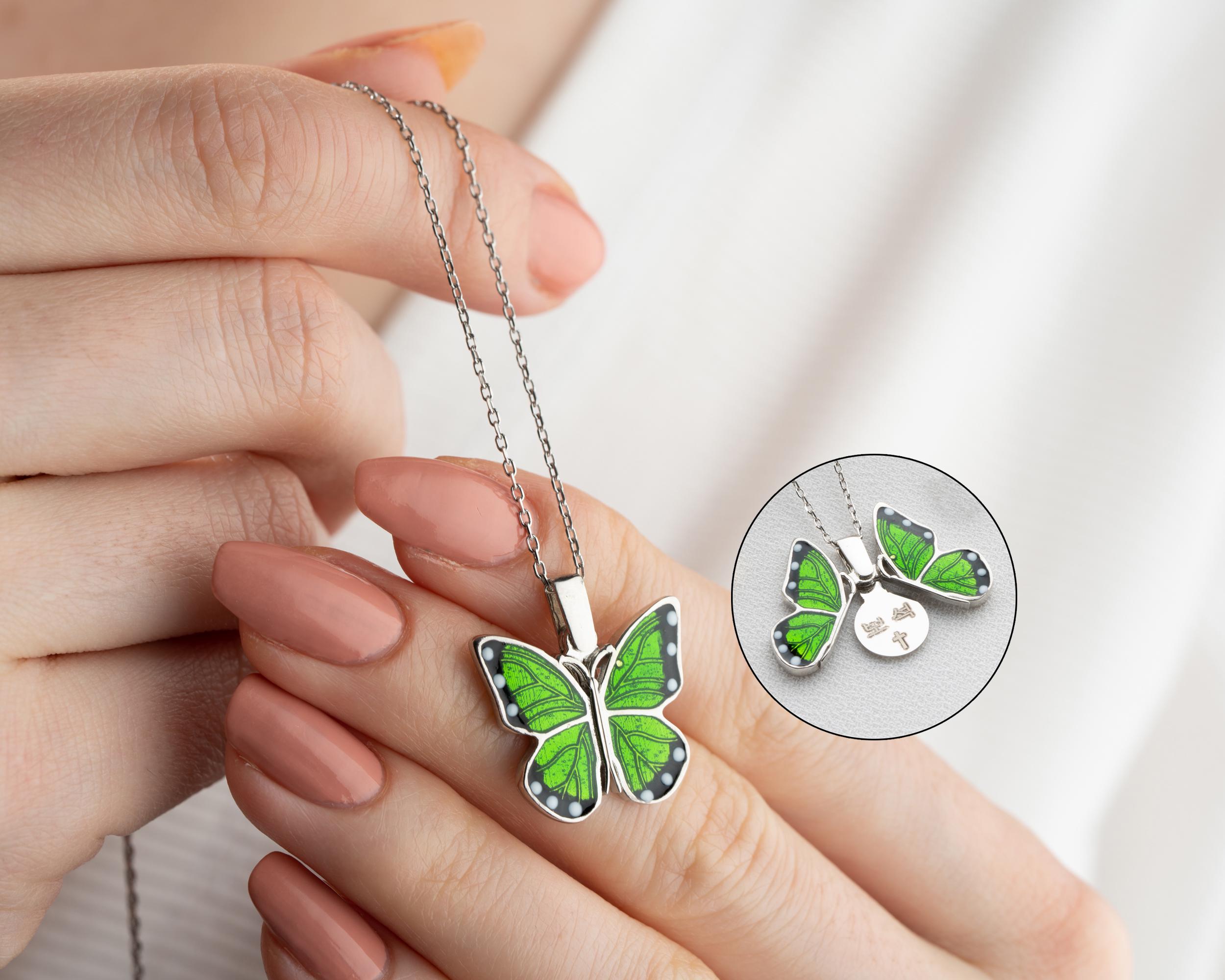Green Abalone Butterfly Pendant Necklace With Popcorn Chain & Matching Earrings - Jewelry Set - View #2
