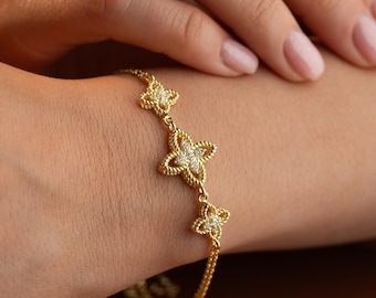 Triple Clover Bracelet • Four Leaf Shamrock Charm • Sterling Silver Lucky Jewelry Gift Women
