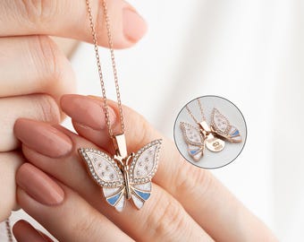 Sterling Silver Butterfly Locket Necklace, Hidden Message, Custom Engraved
